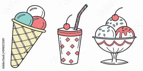 a drawing of ice cream cone, soda and sundae Vector