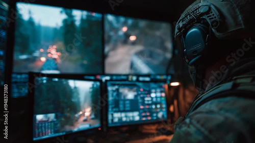 Drone operator controlling a combat drone inside a dark military control room, surrounded by glowing monitors and tactical data, representing modern warfare technology and remote battlefield operation