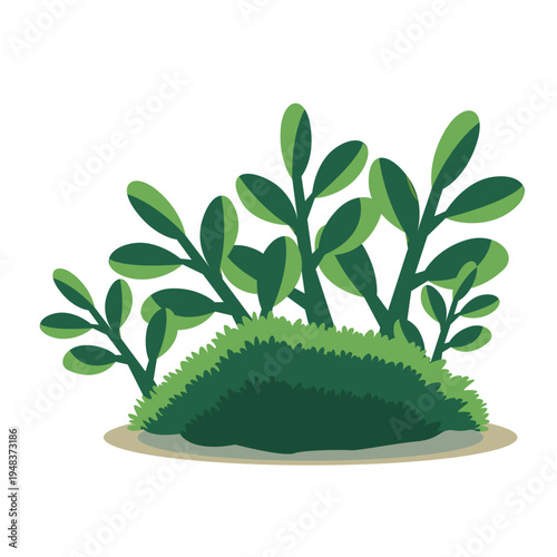 Green plant with mixed foliage types and grass base, perfect for landscape graphics and decorative nature elements with flat vector style.
