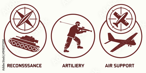 military support icons with tank, soldier, and airplane Vector