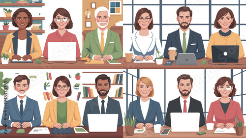 A modern illustration set featuring a diverse group of business professionals working on laptops in an office environment with coworkers.