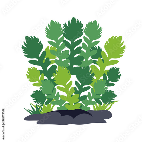 Dense bushy plant with various shaped green leaves ideal for landscape design, nature illustrations, and decorative garden elements with flat vector style.