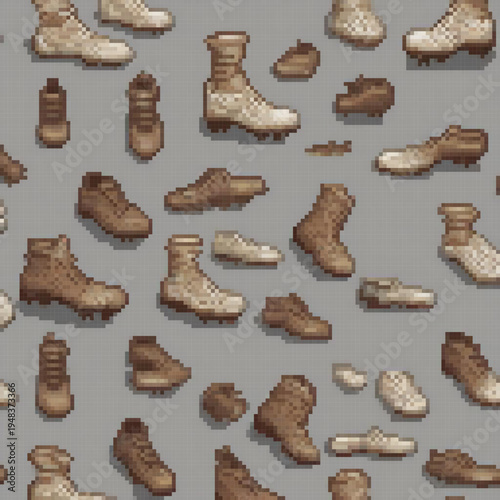 The image showcases a pixel art style with various shoe designs, including boots, cleats, and football shoes.