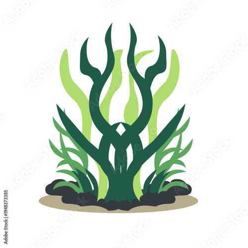 Wavy green seaweed or kelp plant ideal for underwater scenes, ocean graphics, decorative aquatic elements, and marine illustrations with flat vector style.