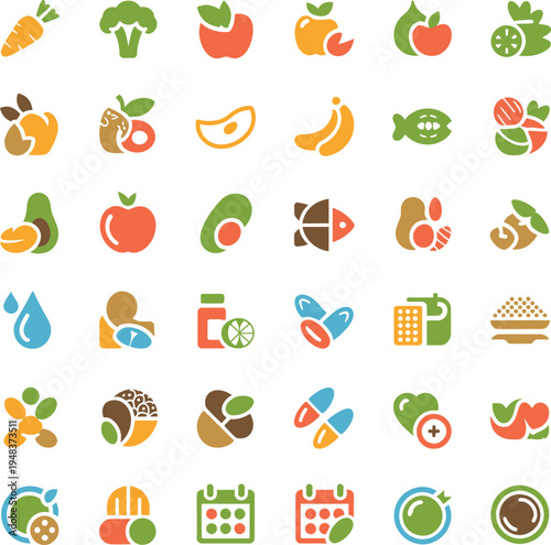 Detailed nutrition and medical supplement icons for health planning and dietary advice