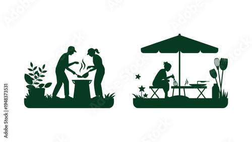 People Silhouettes Cooking Outdoors At Night For Summer BBQ Concepts