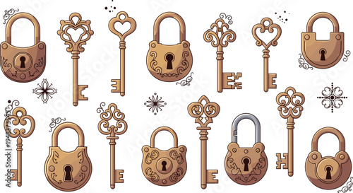 Vector set of antique skeleton keys and vintage bronze padlocks with ornate filigree details for security, mystery, privacy and romantic lock and key concepts.