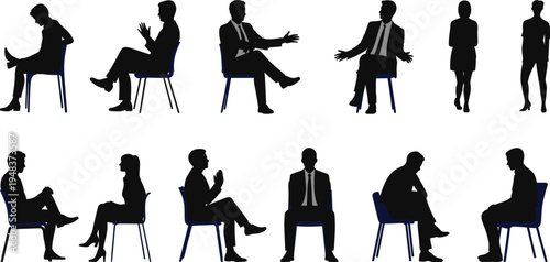 WebBlack silhouette of business people sitting on chairs in office meeting and standing isolated on white background for vector illustration.