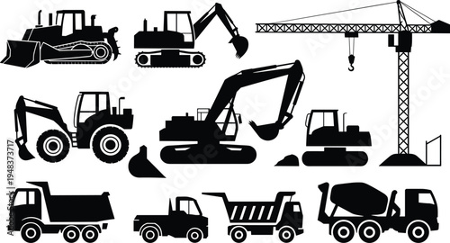 WebBlack silhouette of heavy construction vehicles set including excavator bulldozer crane and concrete mixer truck isolated on white background vector.