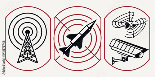 icons of radio tower, missile and satellite dishes Vector