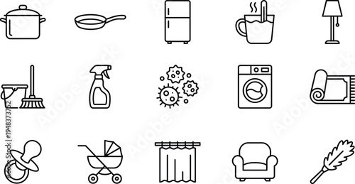 A collection of various household and domestic icons on a white background