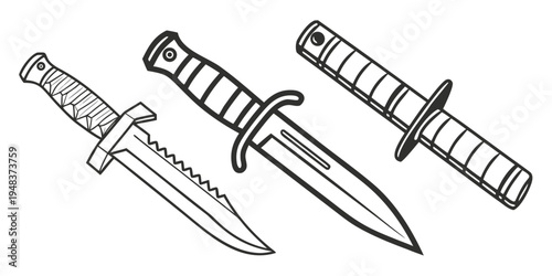 a drawing of a dagger and a sheathed dagger Vector