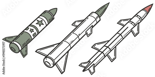 three missiles with different designs and colors Vector