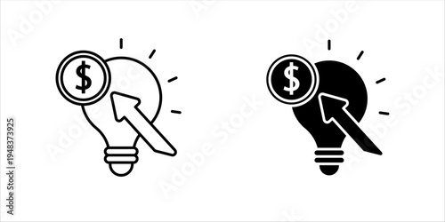 Outline icon set. illustration of light bulb with dollar symbol and upward arrow representing financial ideas, investment strategy, and business innovation.