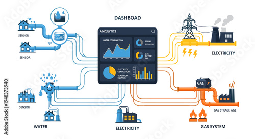 A central dashboard displaying charts is connected to water, electricity, and gas systems via pipes and wires.