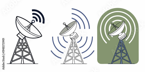 Three satellite dishes on towers with signal waves Vector