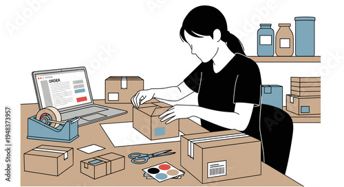A woman with dark hair is carefully packaging a small brown box on a wooden desk with a laptop and other supplies.