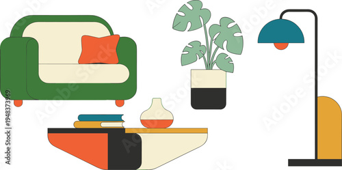 WebFlat vector interior design set featuring mid century modern armchair, monstera plant, coffee table, books, vase, and floor lamp isolated.