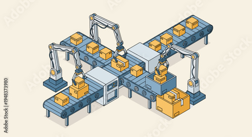 Four robotic arms are precisely moving numerous yellow-brown cardboard boxes on two intersecting conveyor belts within an automated factory setting.