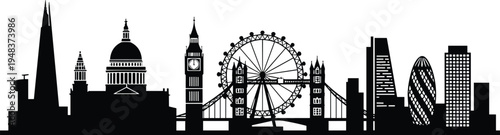 WebLondon city skyline silhouette featuring Big Ben, London Eye, Tower Bridge, St Pauls Cathedral, The Shard, and modern British skyscrapers.