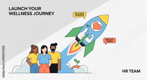 A diverse group of four individuals stands on the left while a large blue and green rocket launches with wellness icons on a light gray background.