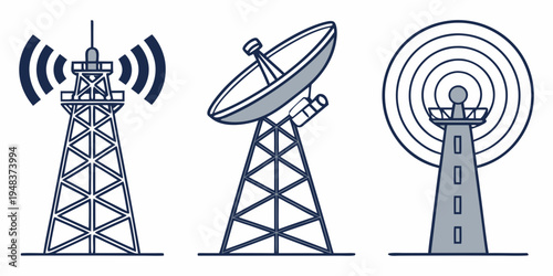communication towers with satellite dish and radar antenna Vector