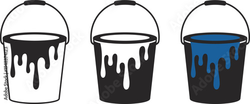 WebPaint Bucket Vector Icons with Liquid Drips in Black White and Blue Colors for Home Improvement Renovation and Interior Painting.