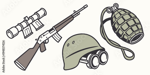 military rifle helmet and grenade Vector