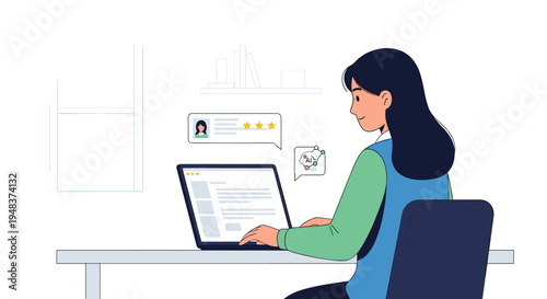 A young woman with dark hair smiles while typing on a silver laptop with review and robot icons in speech bubbles.