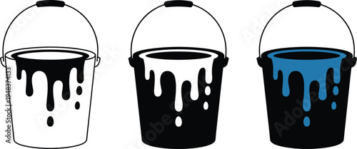 WebPaint Bucket Vector Set with Dripping Paint in Black White and Blue Colors Isolated Icons for Home Renovation and Design.