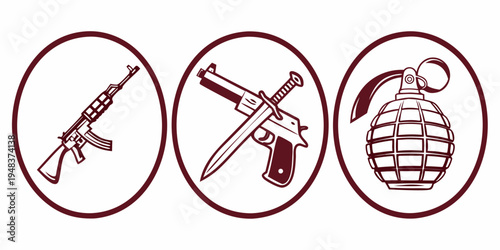 icons of a gun, sword and a grenade Vector