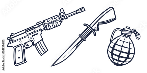 assault rifle knife and grenade weapons Vector