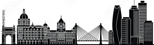 WebMumbai city skyline silhouette featuring Gateway of India, Taj Mahal Palace, Chhatrapati Shivaji Terminus, Bandra-Worli Sea Link, and modern skyscrapers.