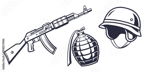 military rifle helmet and grenade Vector