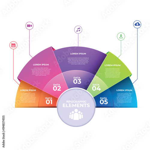 Infographic template for business with five colorful sections and icons.