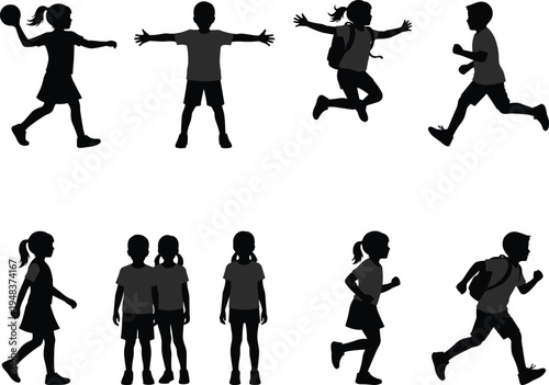 WebSilhouette of elementary school children playing, running, jumping with backpacks, and walking to school, isolated vector icons for education and childhood.