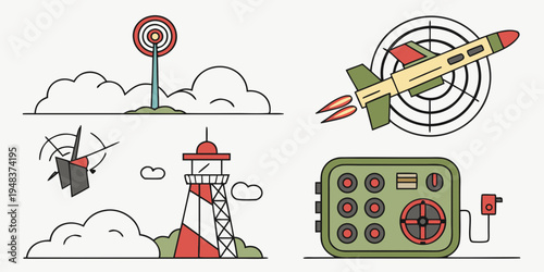 a set of icons including a rocket, satellite dish, parachute, lighthouse and radio Vector