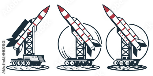 three different views of a model rocket on a launch pad Vector