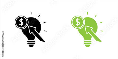 Outline icon set. illustration of light bulb with dollar symbol and upward arrow representing financial ideas, investment strategy, and business innovation.