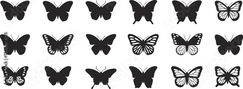 WebVector illustration of butterfly silhouettes, diverse wing shapes, spotted patterns, decorative insect design, nature motif, entomology art, wildlife, creative outline