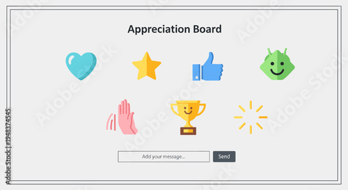 Appreciation Board with six colorful emoji-style icons and input field.