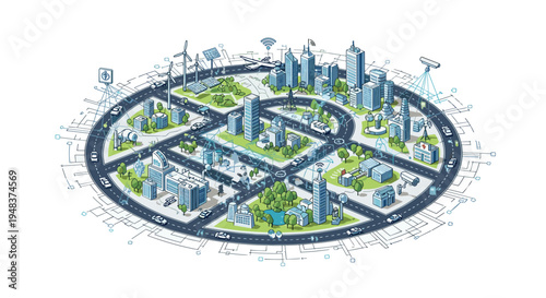 Isometric smart city with buildings, vehicles, and a glowing network.