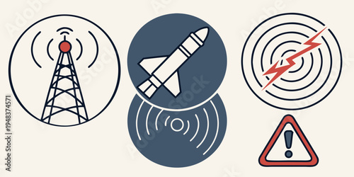 icons representing signal interference and blocked transmission Vector