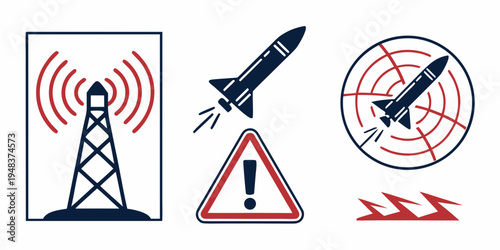 icons of a cell tower, rocket, warning sign, and missile Vector