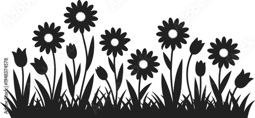 WebVector illustration of flower bed silhouettes, blooming daisies, tulip shapes, grass blades, decorative floral design, botanical art, garden motif, nature outline