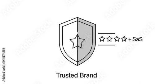 Shield icon with star, three stars, SaaS text, and Trusted Brand.