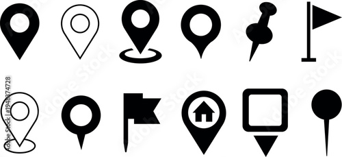 Collection of black map pin and location icons on white background