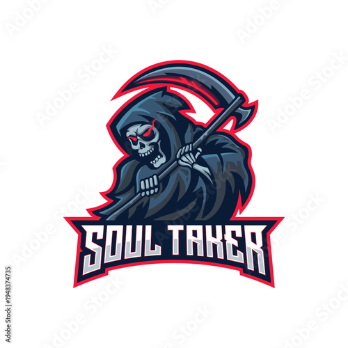 This intense grim reaper logo showcases a hooded figure wielding a scythe, representing themes of mortality and the supernatural in a bold, eye-catching design perfect for edgy brands.