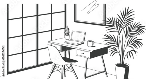 WebVector illustration of modern home office workspace, desk with laptop, coffee mug, potted plant, chair, window, interior design, organized decor