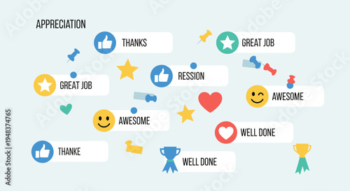 Positive feedback bubbles with icons like thumbs-up and stars on blue.